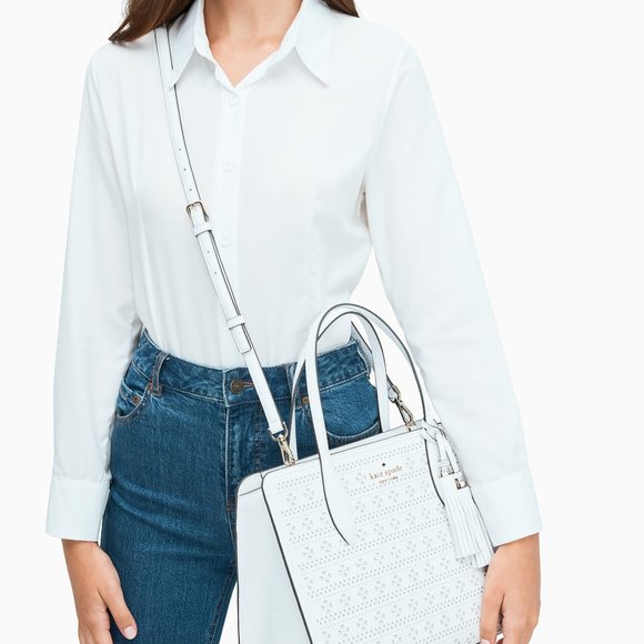 NWT Kate Spade White perf medium top zip satchel - Picture 3 of 4
